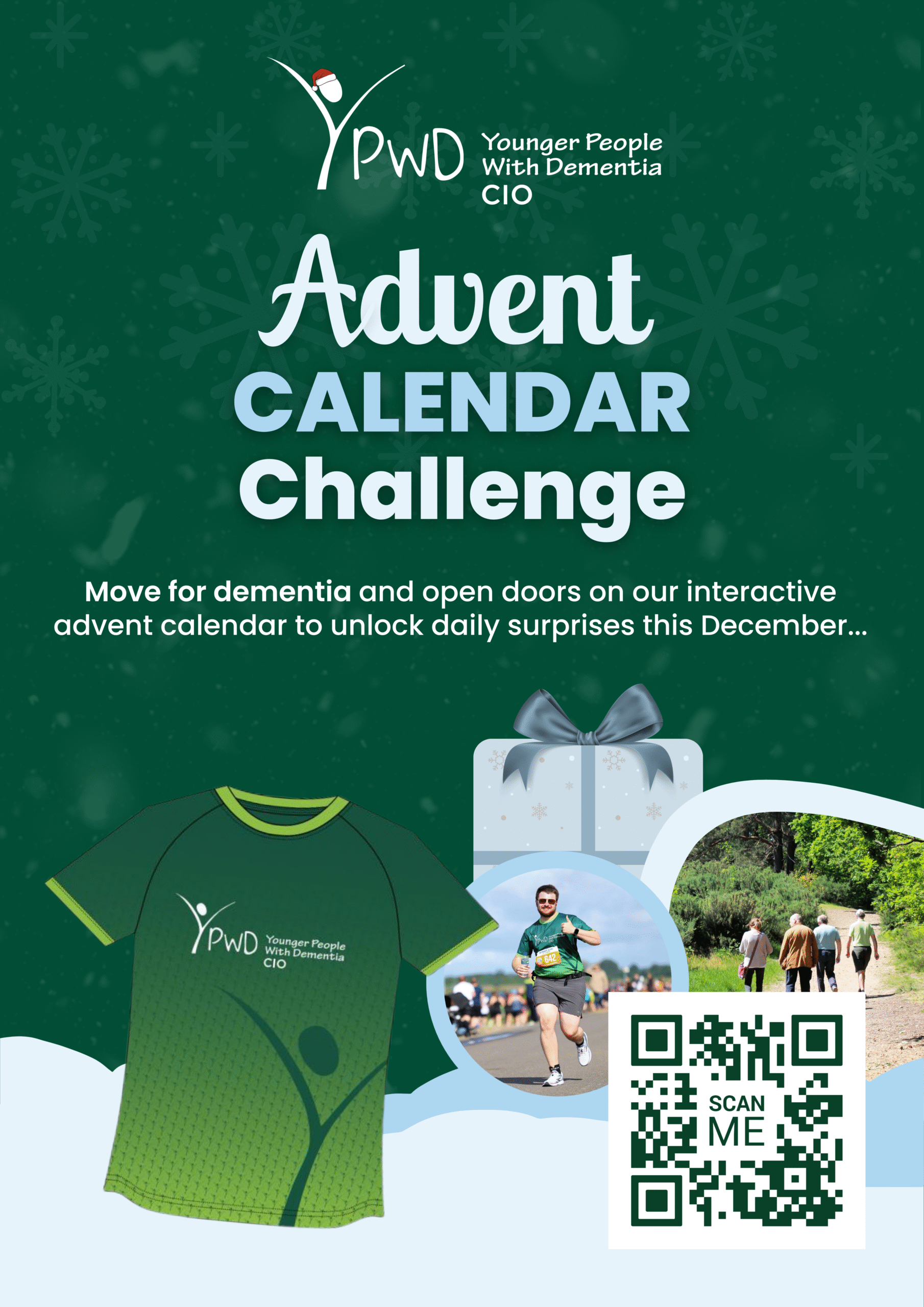 Dark green Advent Calendar Challenge poster with YPWD logo; bottom shows green T-shirt, wrapped gift, circular runner photos, and a QR code.